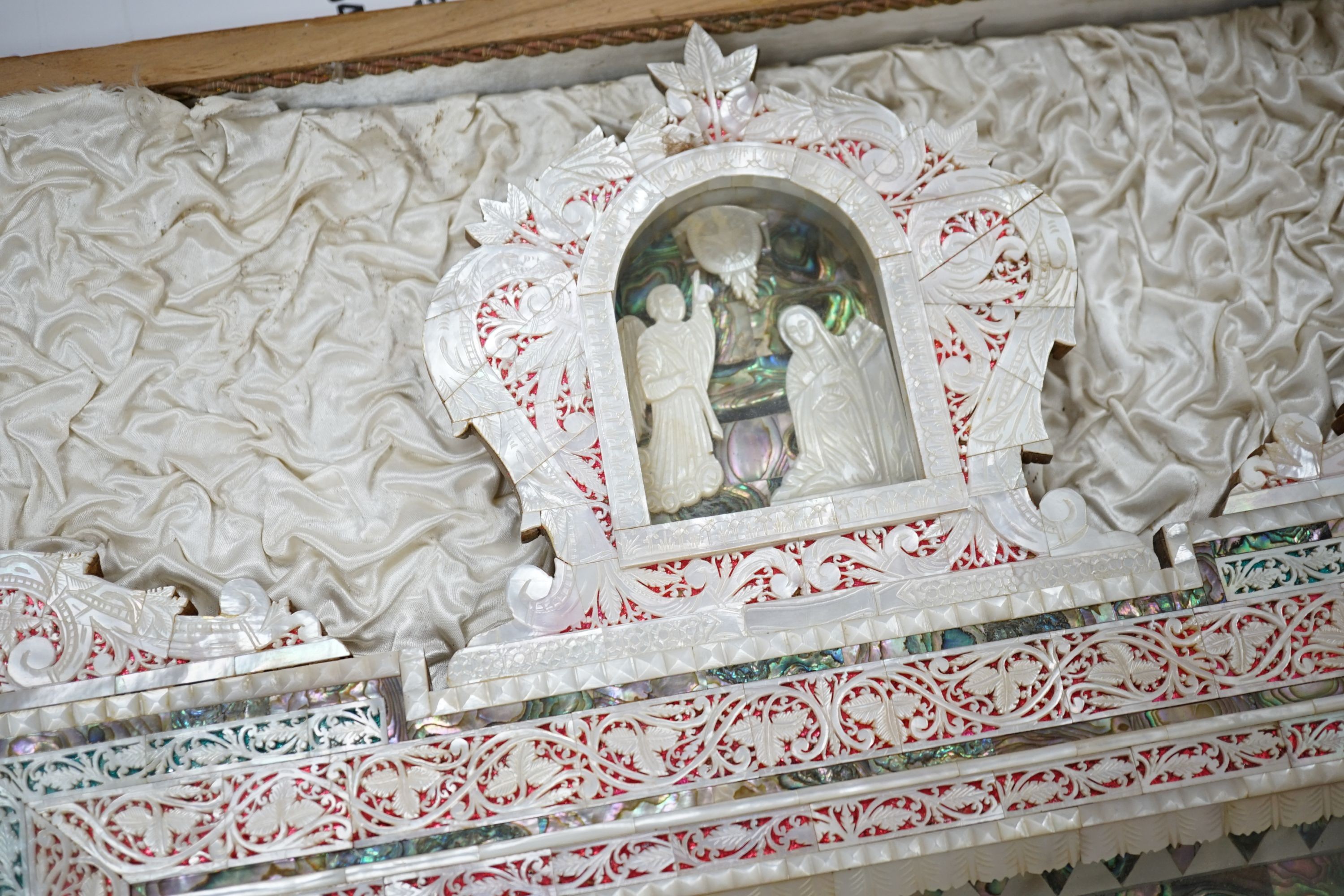 A mid 20th century mother-of-pearl and abalone easel shrine presented by the President of the Senate of Jordan